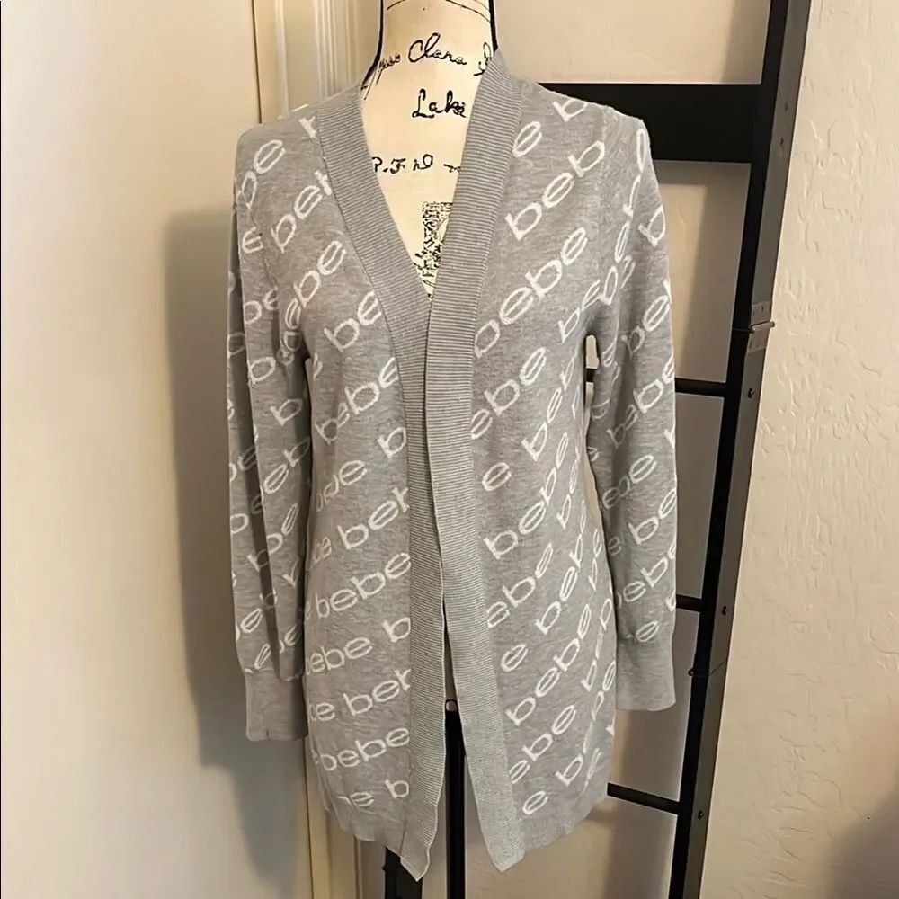 Bebe Gray Logo Open Style Cardigan Sweater Academia Business Casual Comfy